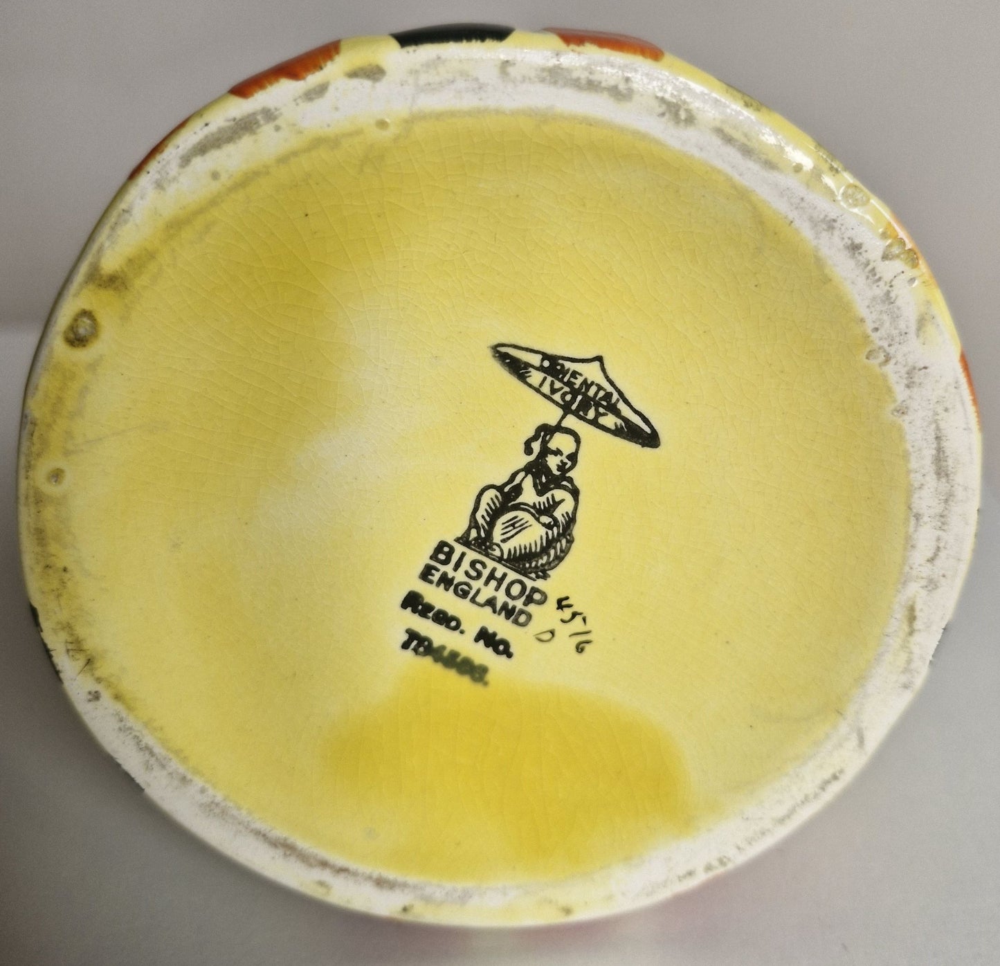 The base of the jug shows the Bishop maker's mark plus the hand painting serial number