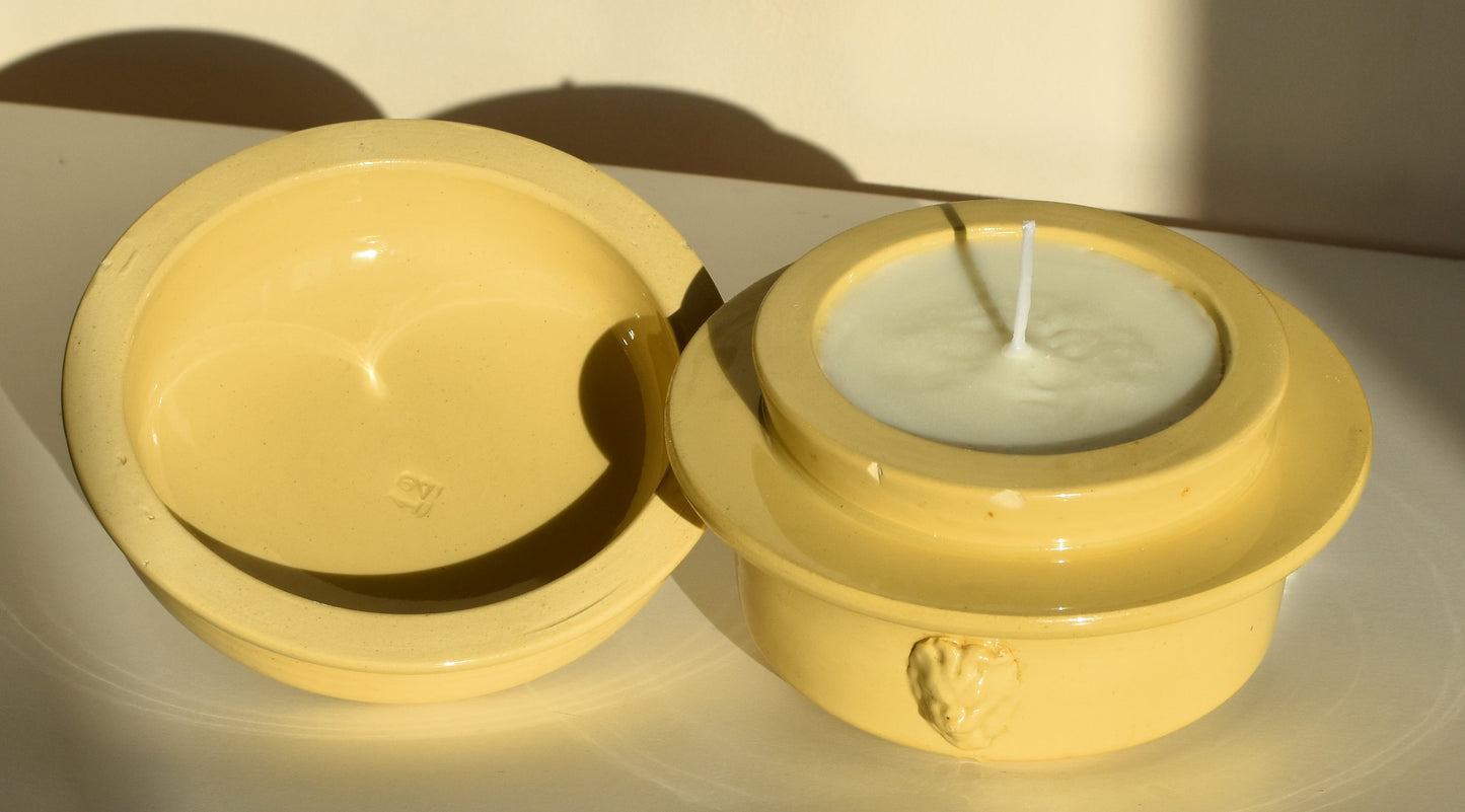 The pot is a candle, filled with white soy wax and a white wick