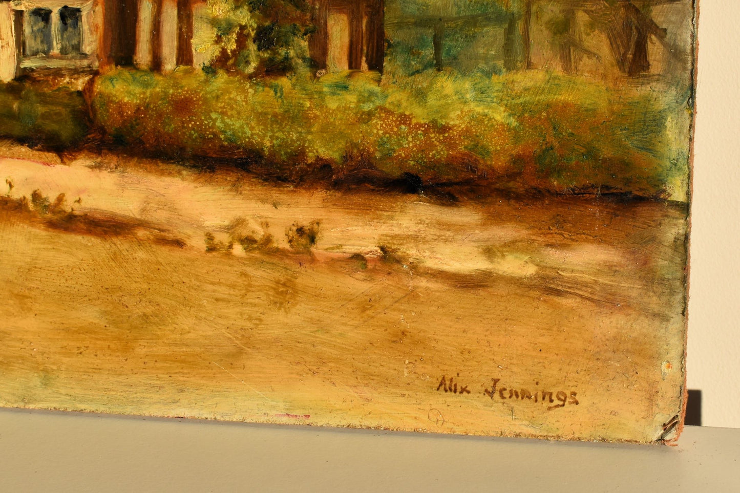 Artistic depiction of a landscape with trees and water, signed 'Alix Jennings'.