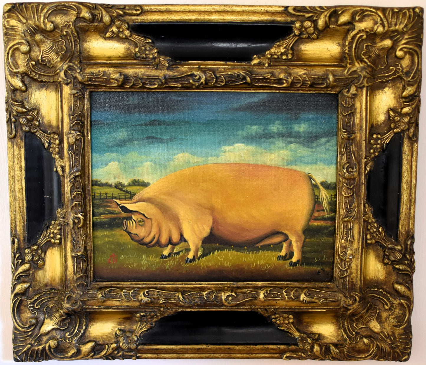 Oil painting of a large white pig standing in a field under cloudy sky. Surrounded by a thick ornate gold gilded frame.