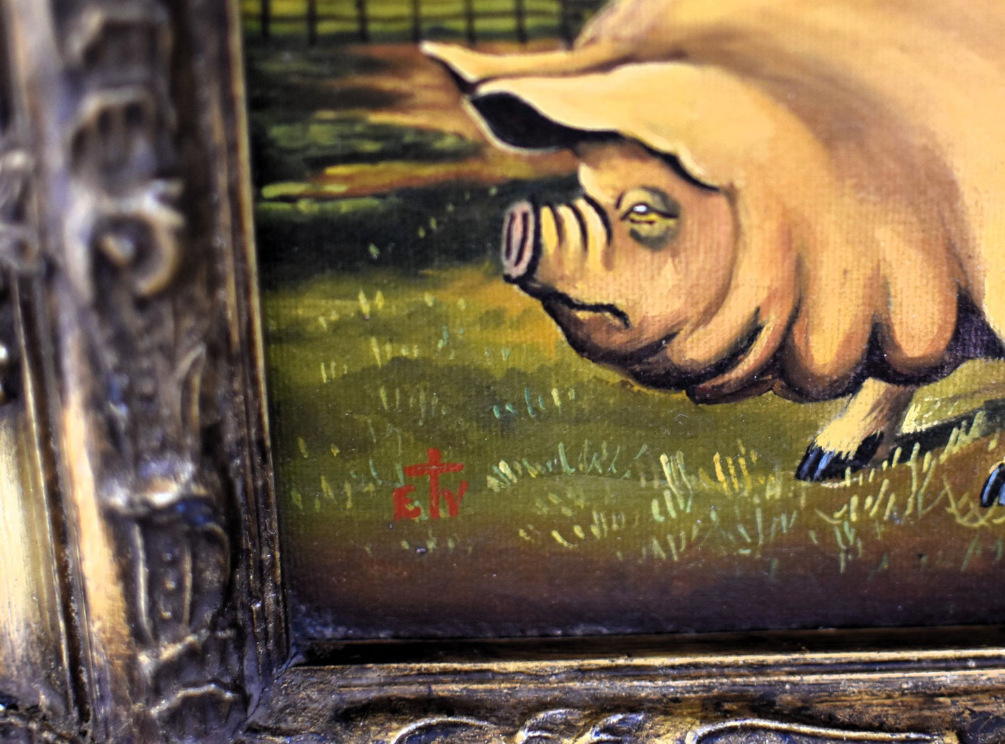Close up of the pig's face plus artist signature CTV