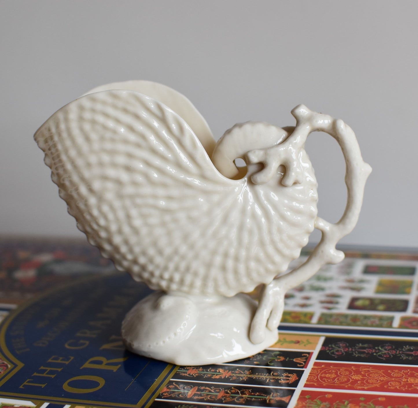 Small off white jug in the shape of a nautilus shell, with the handle and base shaped like coral strands