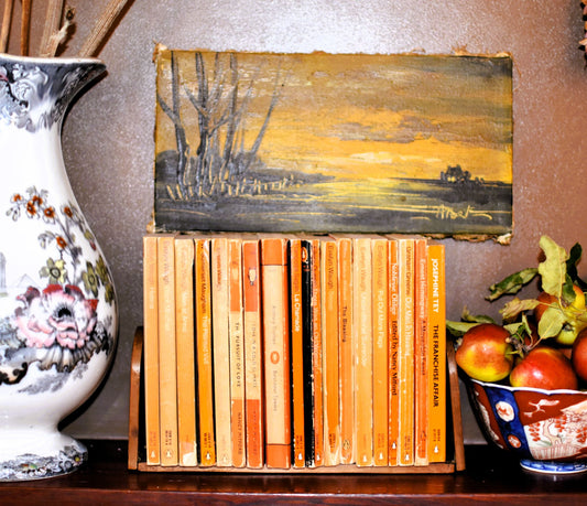 A small bookcase holds vintage penguin paperbacks and supports a vintage oil painting