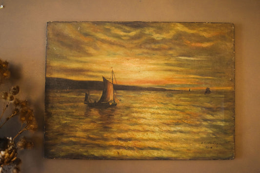 A painting in golden, yellow, orange and brown showing a calm sunset over sailing boats on the sea