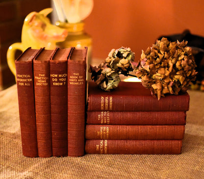 Stack of red books with decorative elements on a textured surface