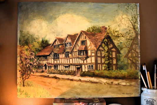 Painting of a half-timbered house with trees and a path