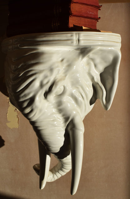 A large white porcelain elephant head is against a pink background, half in shadow. there are red books on top