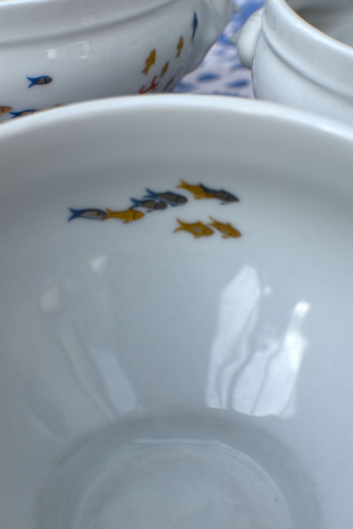 Close-up of a white ceramic bowl with fish illustrations on a patterned surface.