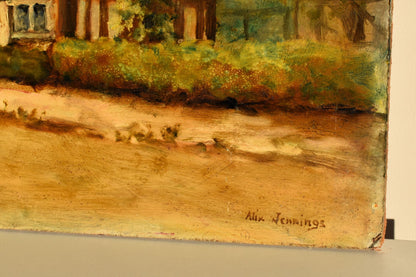 Artistic depiction of a landscape with trees and water, signed 'Alix Jennings'.