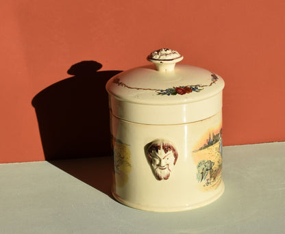 Decorative ceramic jar with artistic designs on a plain background