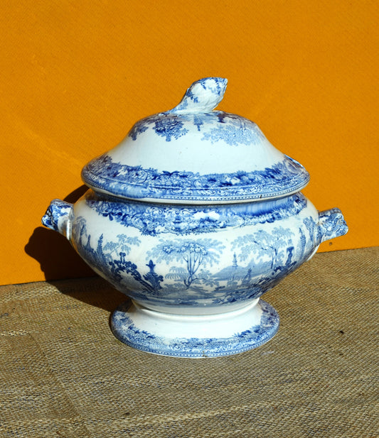 Blue and white ceramic tureen with lid on a textured surface against an orange background