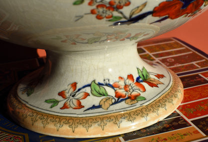 Decorative ceramic bowl with floral patterns on a colorful background