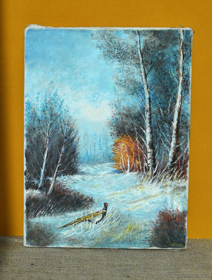 Oil painting of a snowy landscape with trees and a pheasant, on a textured canvas surface.