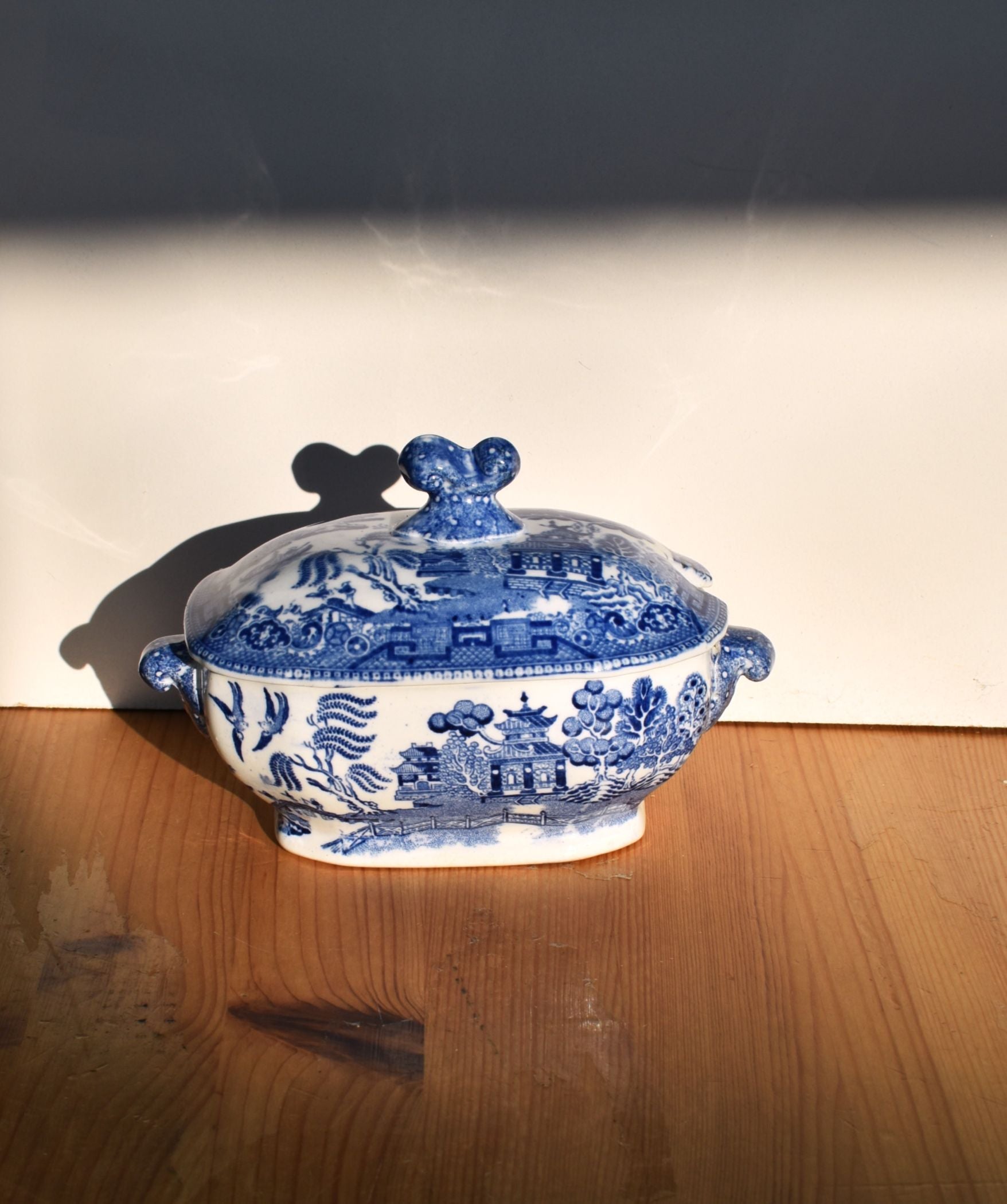 Blue and white ceramic tureen on a wooden surface with a plain background