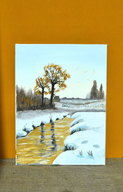 a painting of a river in winter with snow on the banks and trees behind. The river looks orange in the winter light. 