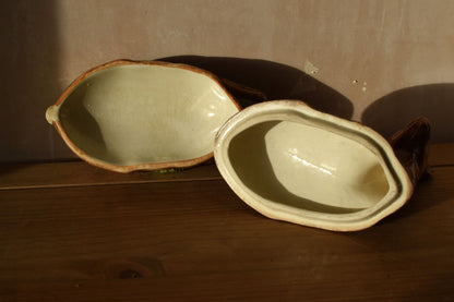 the inside of a tureen bowl and its cover are white against a brown wall