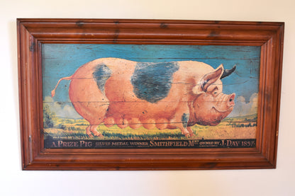 a large painting of a pig in Victorian style with a dark wooden frame 