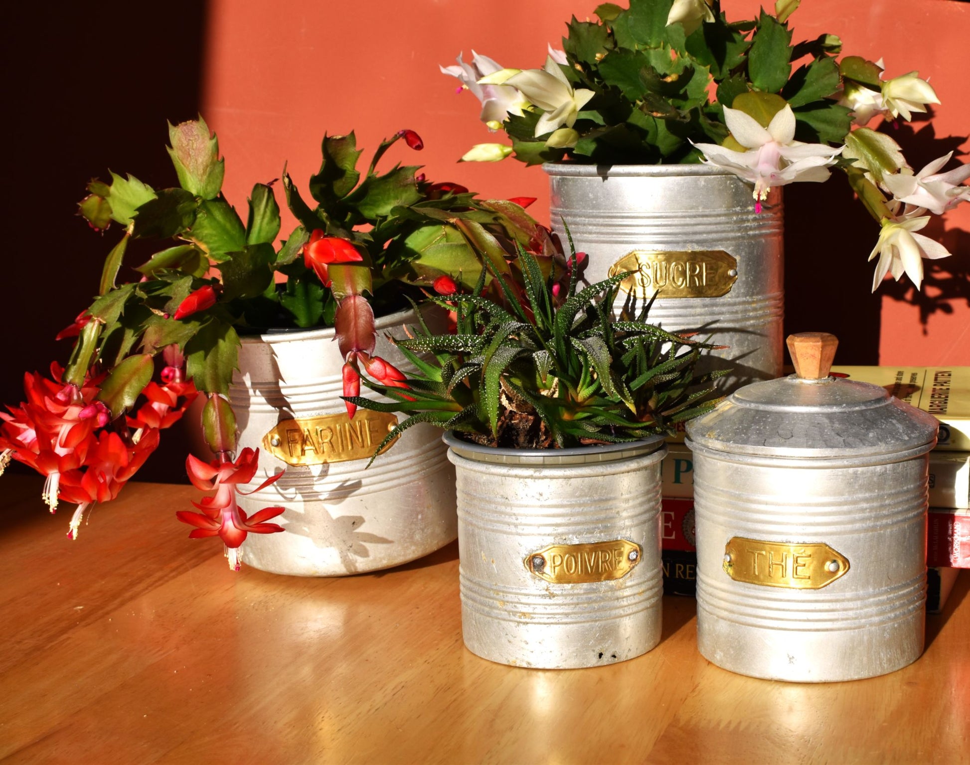 four silver tins with gold labels are stacked on a table and some books against a dark red wall