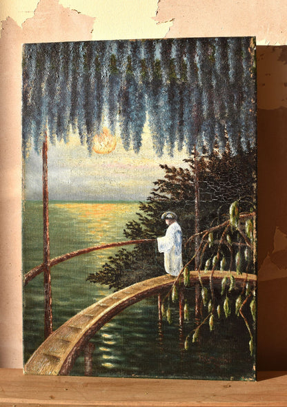Painting of a person on a bridge over water with wisteria, trees and sunset.